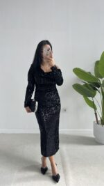 Midi Boy Pul Payet Elbise - Siyah