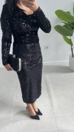 Midi Boy Pul Payet Elbise - Siyah - Görsel 3