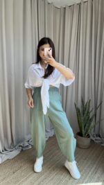 Mint Yeşili Balon Model Keten Pantolon - Görsel 3