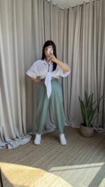 Mint Yeşili Balon Model Keten Pantolon - Görsel 2