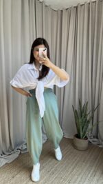 Mint Yeşili Balon Model Keten Pantolon - Görsel 4