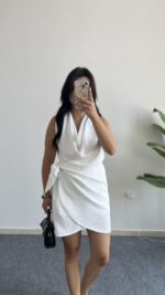 Mira Degaje Yaka Anvelop Elbise - Beyaz - Görsel 5