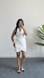 Mira Degaje Yaka Anvelop Elbise - Beyaz - Görsel 6