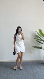 Mira Degaje Yaka Anvelop Elbise - Beyaz