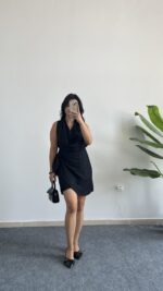 Mira Degaje Yaka Anvelop Elbise - Siyah