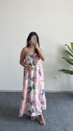 Molis Çiçek Desenli Askılı Elbise - Pudra - Görsel 6