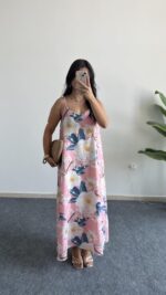 Molis Çiçek Desenli Askılı Elbise - Pudra - Görsel 2