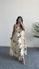 Molis Çiçek Desenli Askılı Elbise - Sarı - Görsel 2