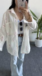 Nakışlı Keten Gömlek - Fuşya - Görsel 5