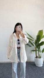 Nakışlı Keten Gömlek - Fuşya - Görsel 4