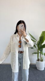 Nakışlı Keten Gömlek - Kahve - Görsel 2