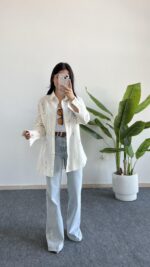 Nakışlı Keten Gömlek - Kahve - Görsel 3