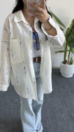 Nakışlı Keten Gömlek - Mavi - Görsel 4