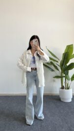 Nakışlı Keten Gömlek - Mavi - Görsel 2