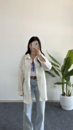 Nakışlı Keten Gömlek - Mavi - Görsel 5