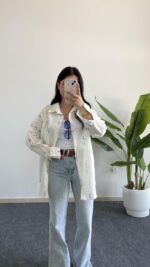 Nakışlı Keten Gömlek - Mavi