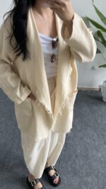 Nona Şal Yaka Müslin Ceket - Ekru - Görsel 4