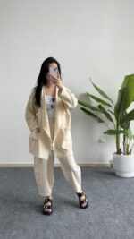 Nona Şal Yaka Müslin Ceket - Ekru - Görsel 5