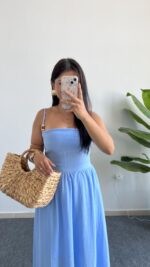 Olesa Sırtı Bağlamalı Keten Elbise - Bebe Mavi - Görsel 3