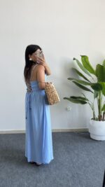 Olesa Sırtı Bağlamalı Keten Elbise - Bebe Mavi - Görsel 6