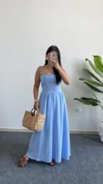 Olesa Sırtı Bağlamalı Keten Elbise - Bebe Mavi