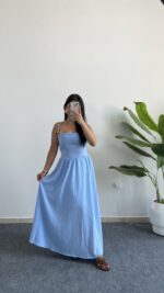 Olesa Sırtı Bağlamalı Keten Elbise - Bebe Mavi - Görsel 5