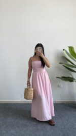 Olesa Sırtı Bağlamalı Keten Elbise - Pembe - Görsel 3