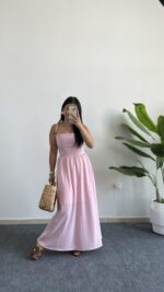 Olesa Sırtı Bağlamalı Keten Elbise - Pembe