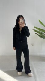 Örgü Desen Kapüşonlu Triko Takım - Siyah - Görsel 3