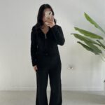 Örgü Desen Kapüşonlu Triko Takım - Siyah