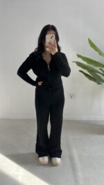 Örgü Desen Kapüşonlu Triko Takım - Siyah - Görsel 7