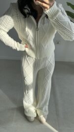 Örgü Desen Kapüşonlu Triko Takım - Ekru - Görsel 6