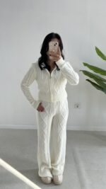 Örgü Desen Kapüşonlu Triko Takım - Ekru - Görsel 7