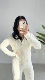 Örgü Desen Kapüşonlu Triko Takım - Ekru - Görsel 3