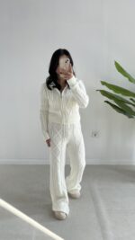 Örgü Desen Kapüşonlu Triko Takım - Ekru - Görsel 2