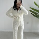 Örgü Desen Kapüşonlu Triko Takım - Ekru