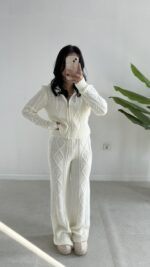 Örgü Desen Kapüşonlu Triko Takım - Ekru