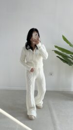 Örgü Desen Kapüşonlu Triko Takım - Ekru - Görsel 9