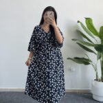 Oria Papatya Desenli Çan Elbise - Lacivert