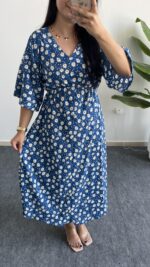 Oria Papatya Desenli Çan Elbise - Mavi - Görsel 6