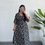 Oria Papatya Desenli Çan Elbise - Siyah