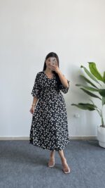 Oria Papatya Desenli Çan Elbise - Siyah