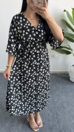 Oria Papatya Desenli Çan Elbise - Siyah - Görsel 5