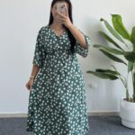 Oria Papatya Desenli Çan Elbise - Yeşil