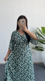 Oria Papatya Desenli Çan Elbise - Yeşil - Görsel 5