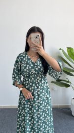 Oria Papatya Desenli Çan Elbise - Yeşil - Görsel 4