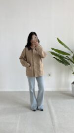 Ortis Kadife Yaka Detaylı Oversize Ceket - Sütlü Kahve - Görsel 6