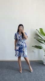 Otia Kemerli Viskon Elbise - Mavi - Görsel 7