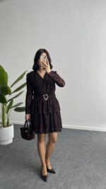 Ovara Flok Baskılı Elbise - Kahverengi