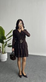 Ovara Flok Baskılı Elbise - Kahverengi - Görsel 4